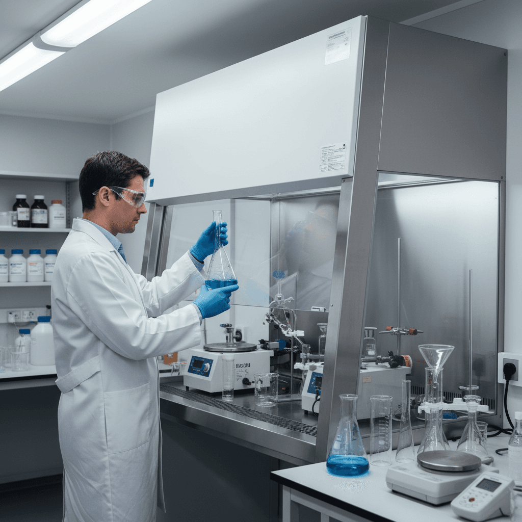 Lab specialist working with glass equipment and safety gear in a research facility