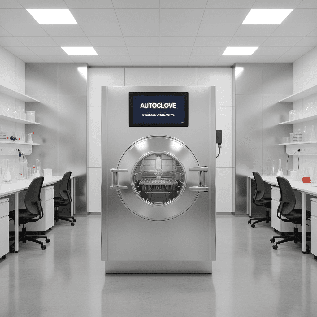 Industrial autoclave with digital control panel in a lab room