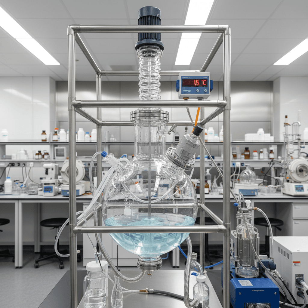 Glass chemical reactor with jacket and stirring system