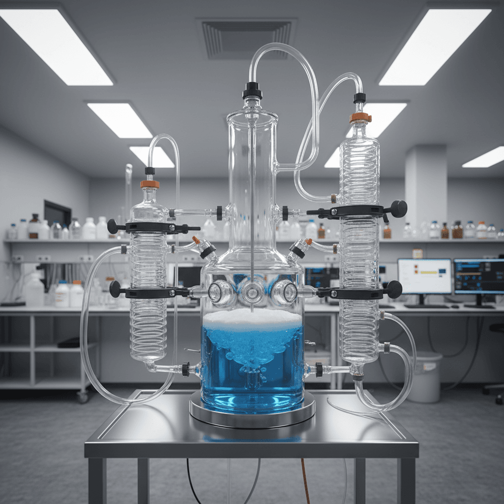 Glass reactor vessel on a lab stand with stainless steel frame and mixing system