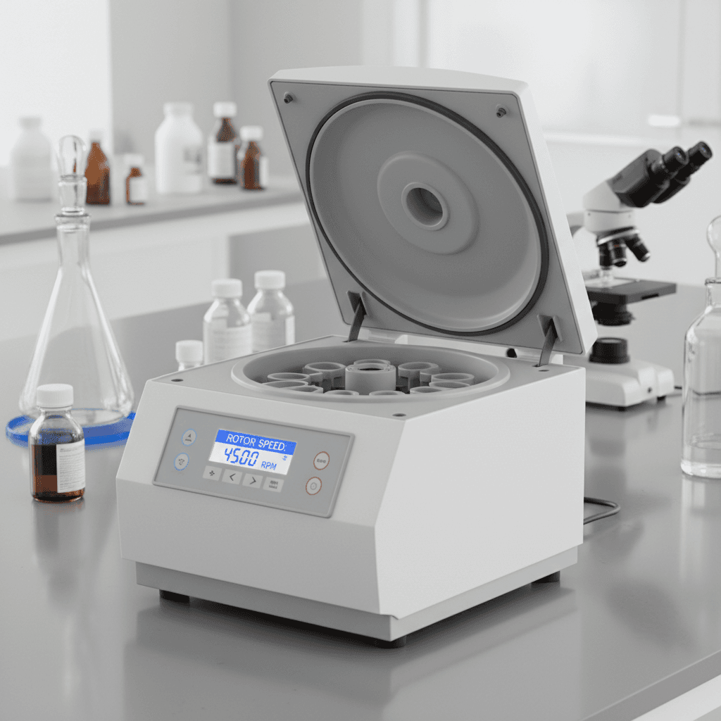 Benchtop centrifuge with rotor visible and sample tubes in holders