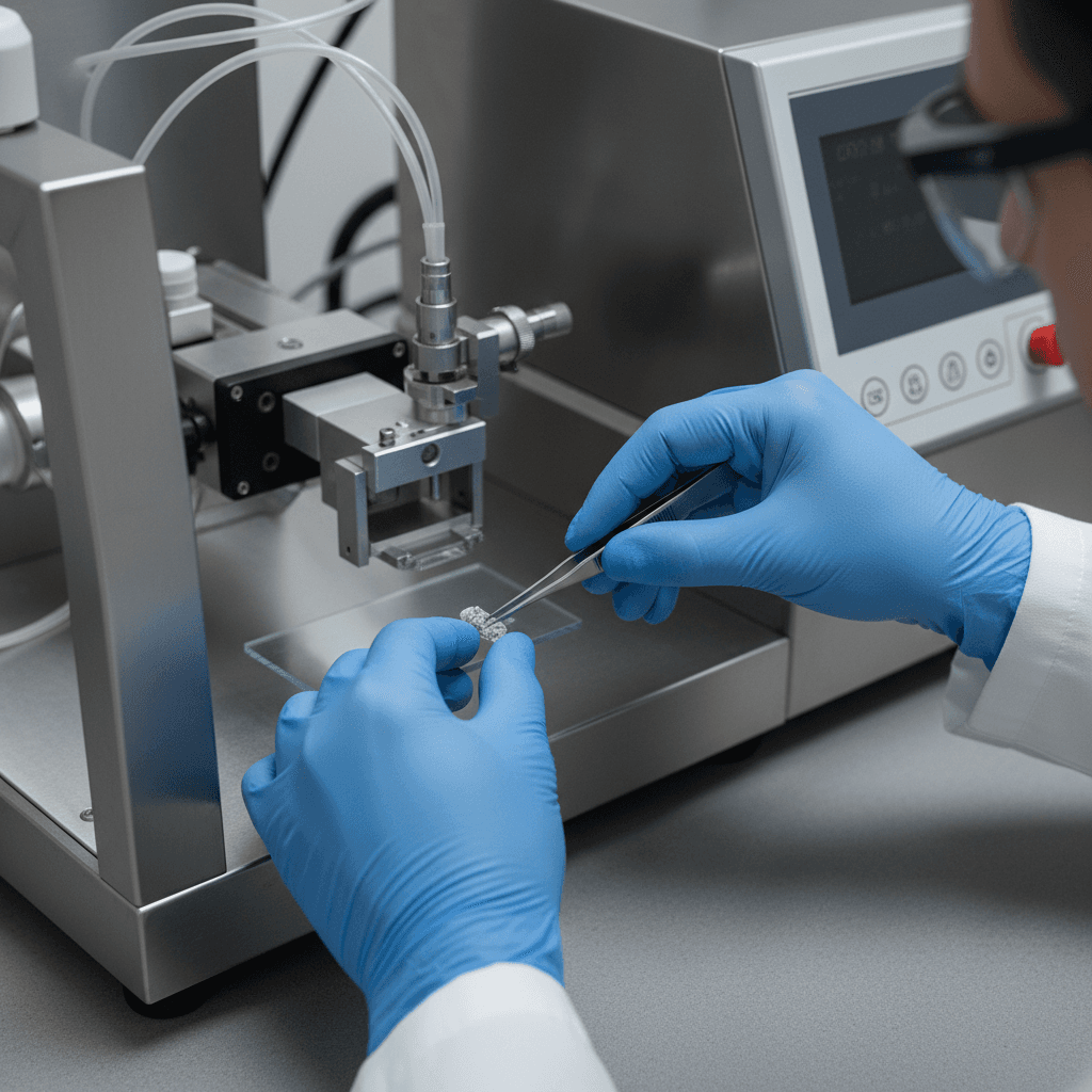 Technical data sheets for laboratory equipment displayed on a monitor in a clean, modern lab setting