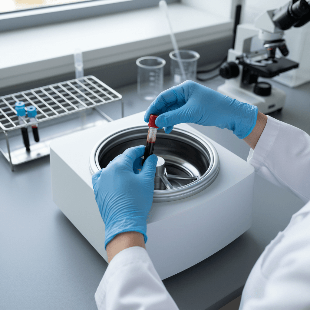 Benchtop centrifuge with open lid showing rotor and tube holders